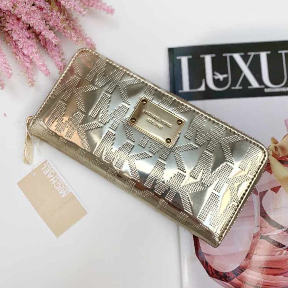 Michael Kors Jet Set Travel Continental Rose Gold Mirror Zip Wallet Wrislet